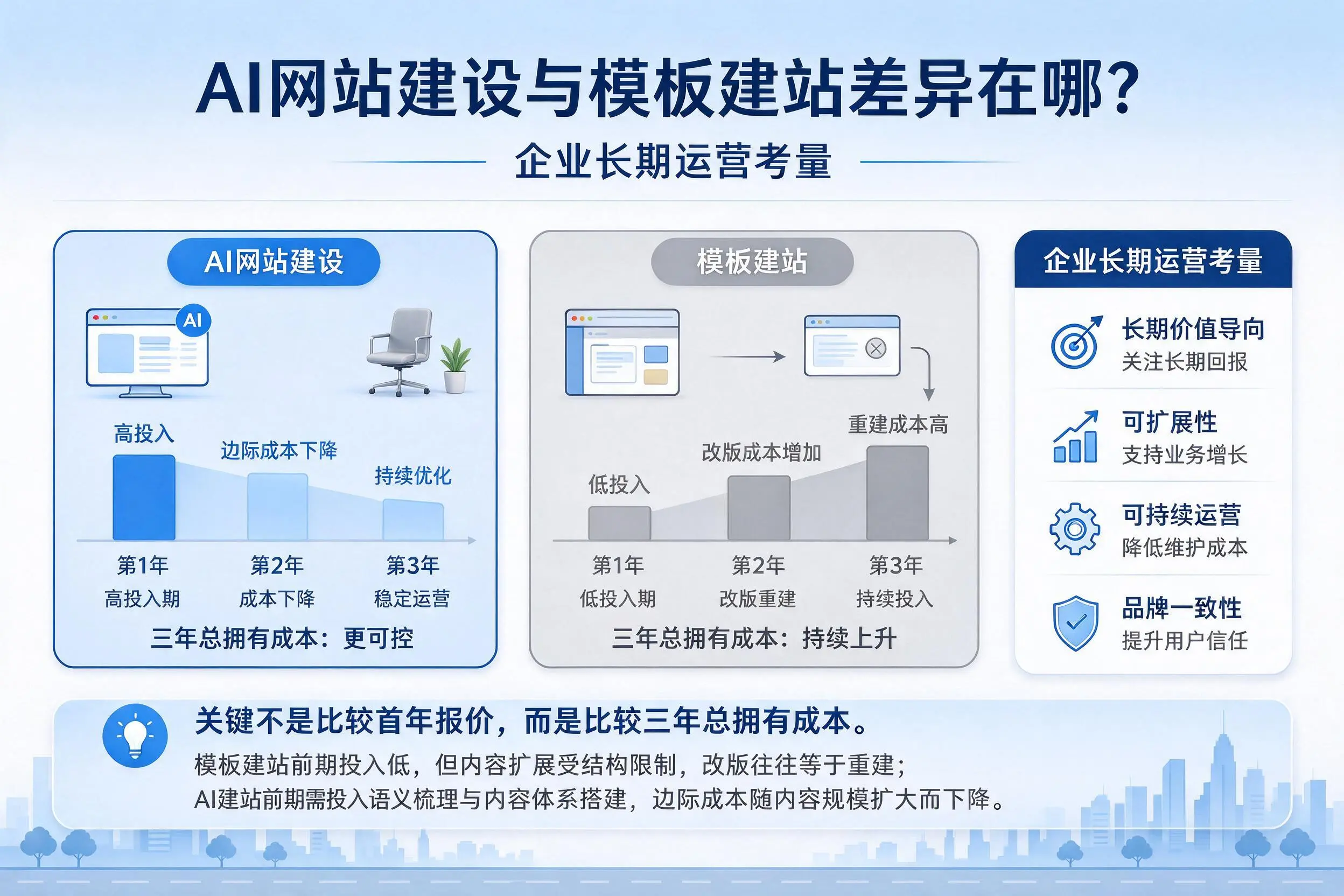 AI网站建设与模板建站差异在哪?荆州企业长期运营考量